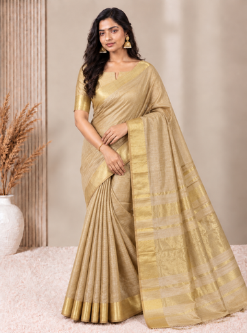 120 Count Mul Cotton Saree _ Sand Beige Golden Zari Woven
