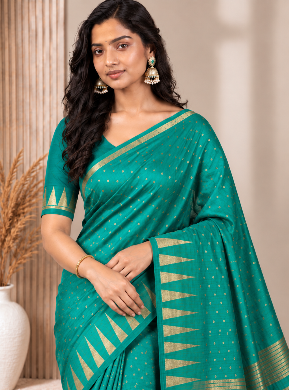 Tussar Silk Saree _ Dark Rama Green With Temple Border