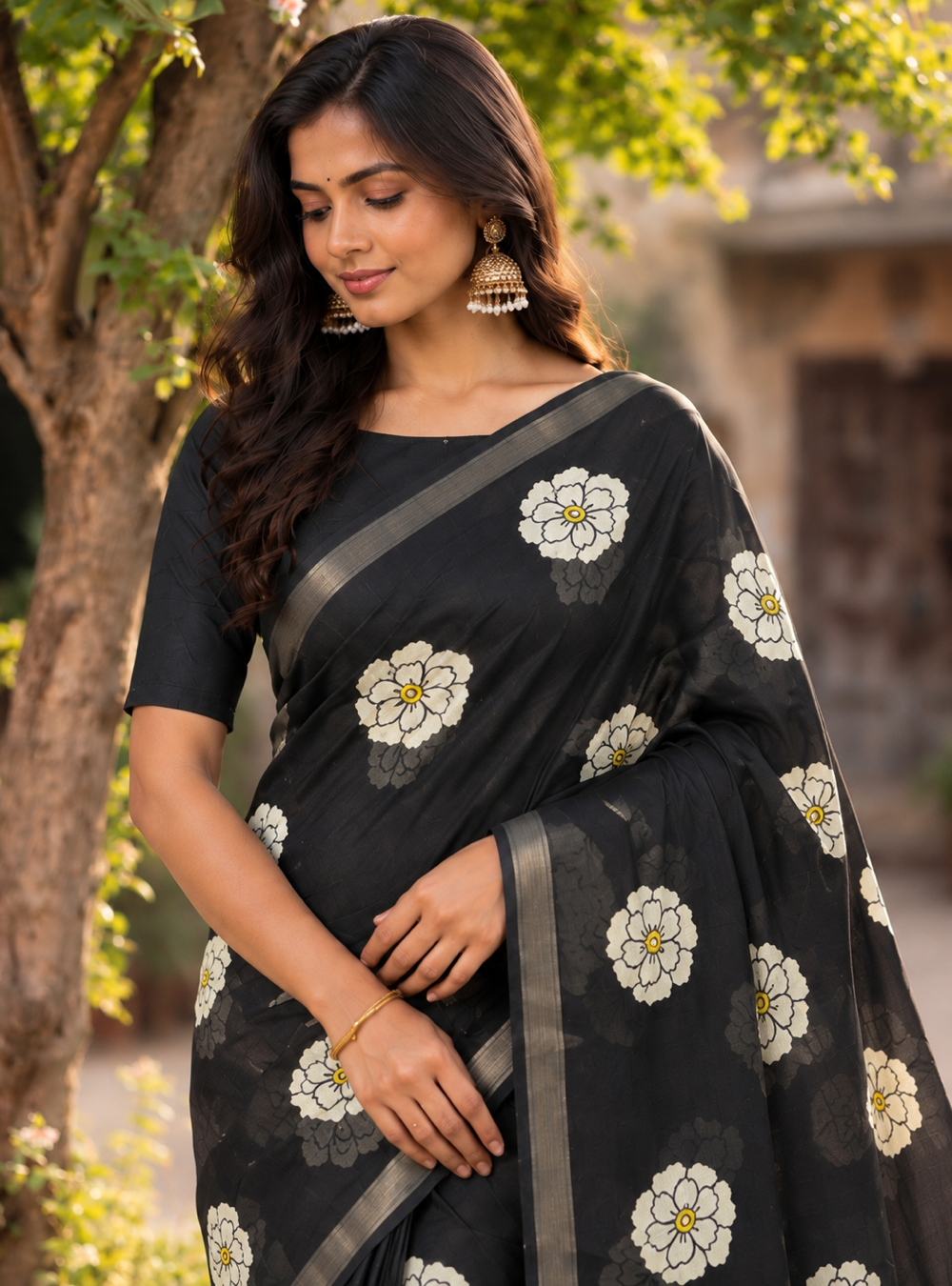 Floral Printed Linen Cotton Saree _ Black Colour with Elegant Metallic Border