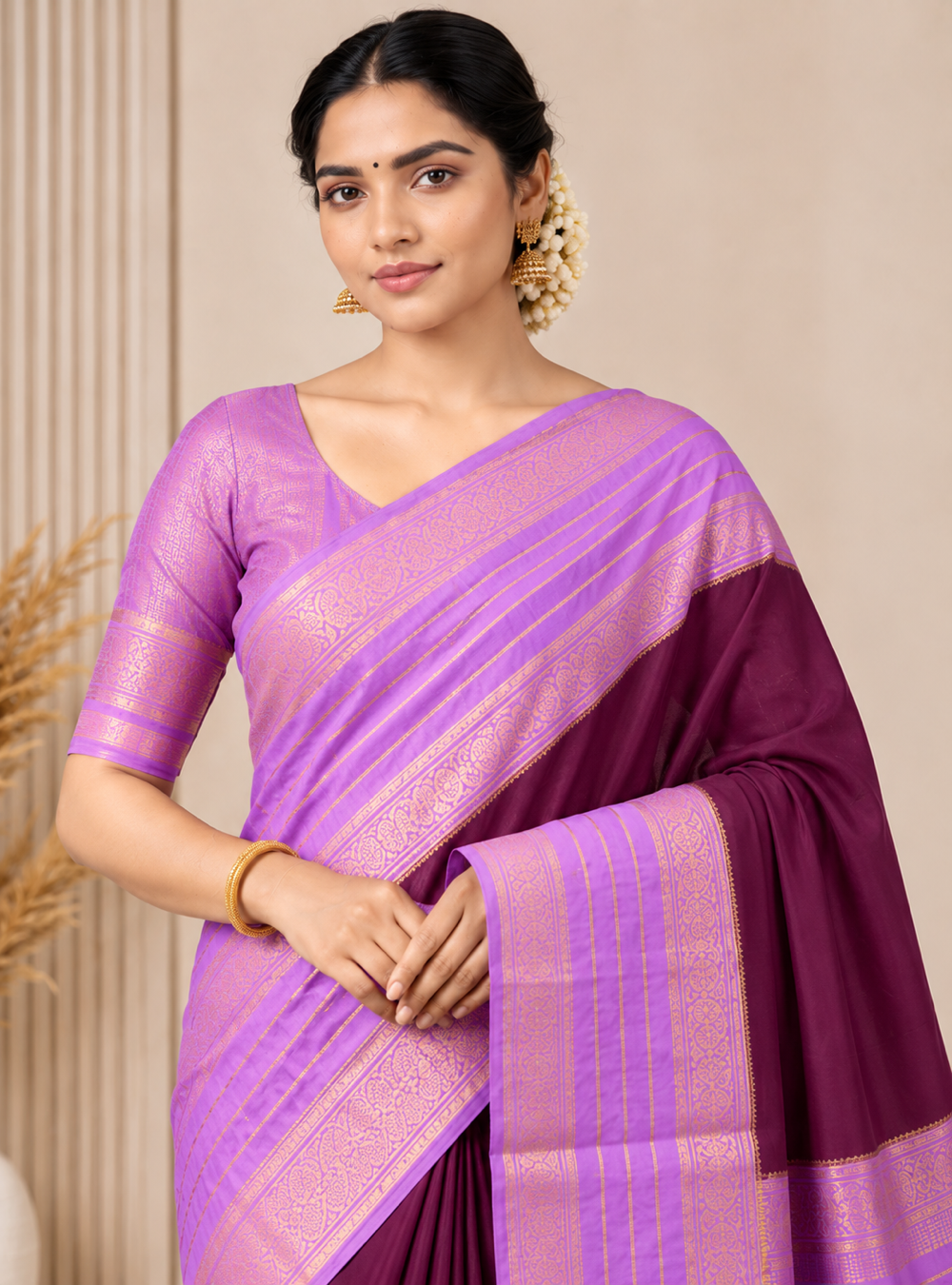 Semi-Crepe Silk Saree _ Wine & Lavender with Rich Golden Zari Weaving