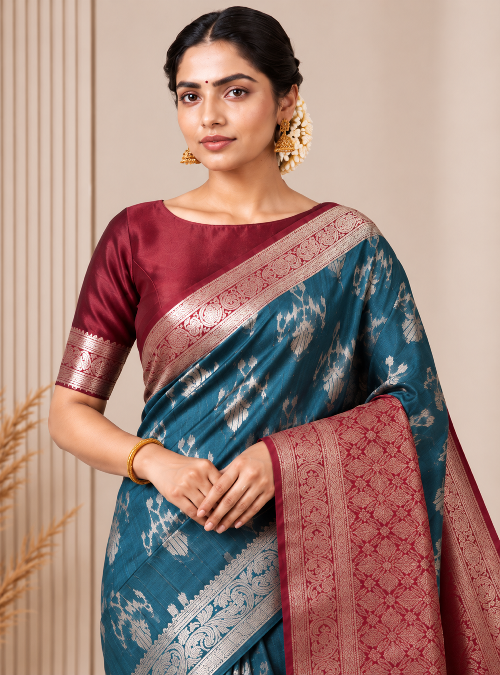 Chanderi Silk Cotton Saree Teal Blue With Maroon _  Contrast Pallu & Thread Weaving