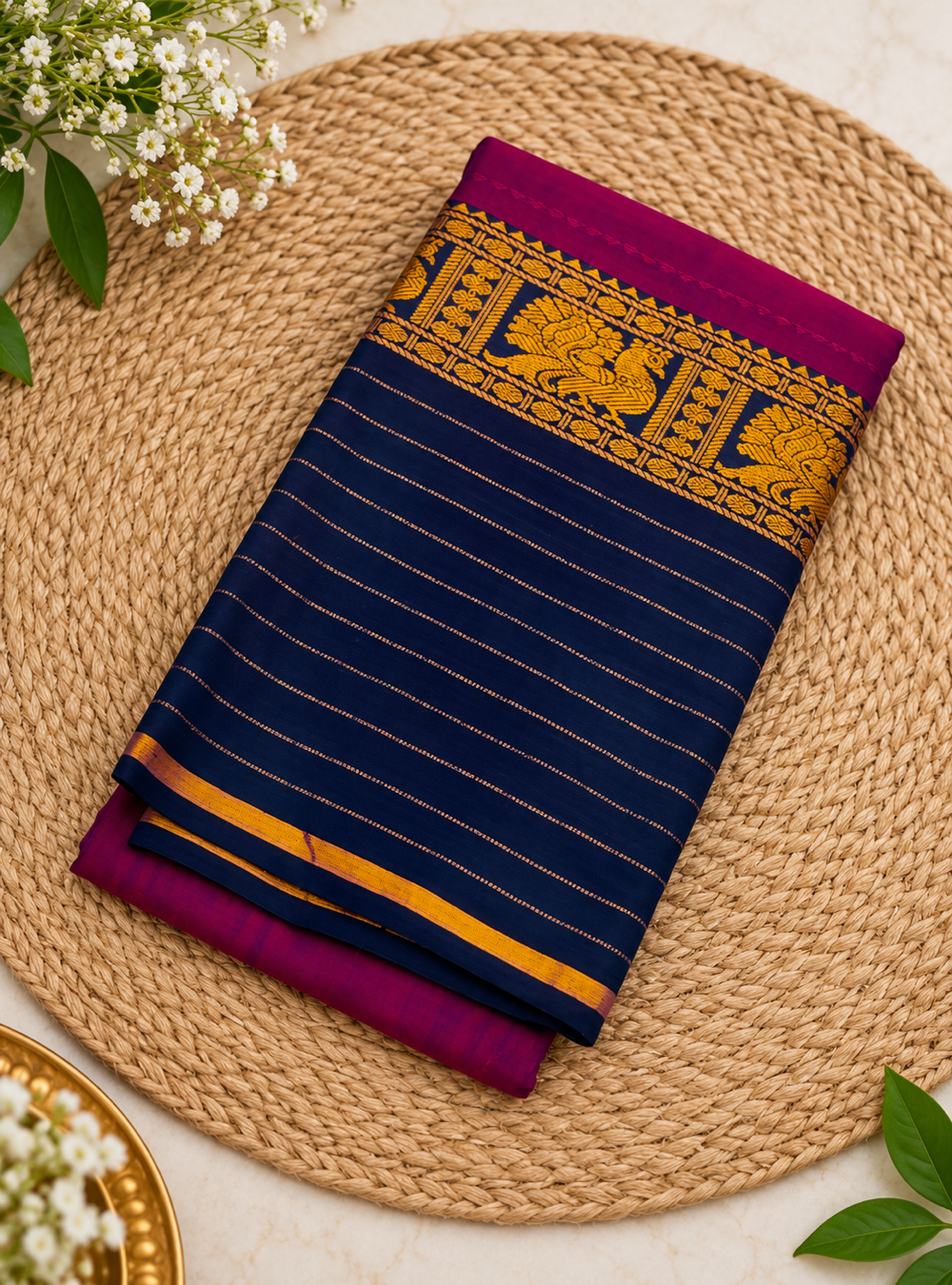 Narayanpeth Cotton Saree With Traditional Border – Navy Blue  & Magenta