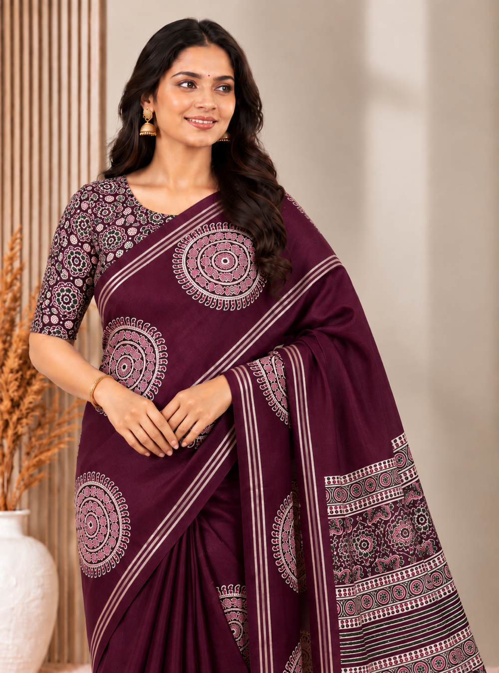 Matka Tussar Silk Saree _  Wine Colour with Running Blouse