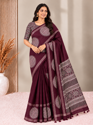 Matka Tussar Silk Saree _  Wine Colour with Running Blouse