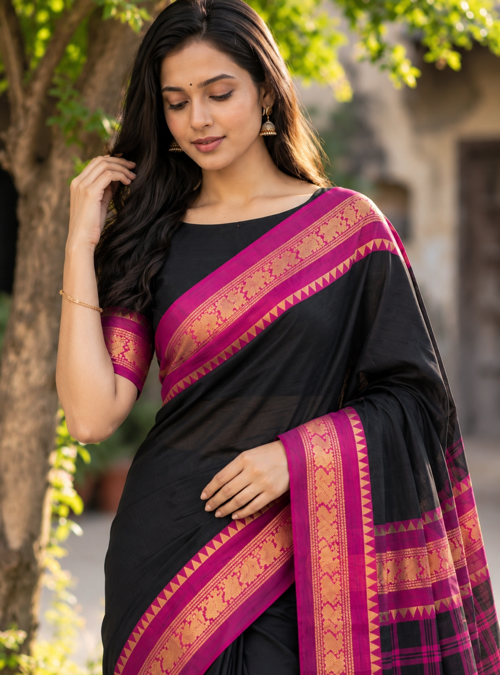 Chettinad Cotton Saree _ Black & Magenta With Traditional Border