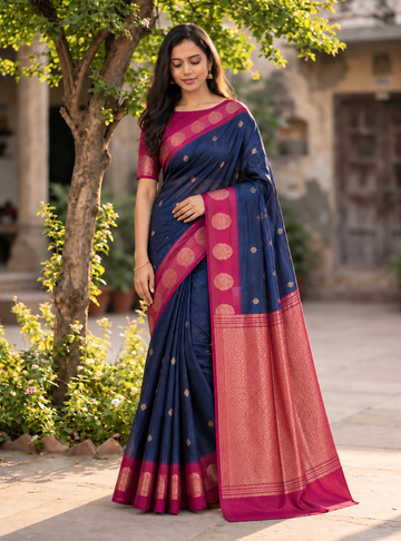 Royal Blue & Pink BagalPuri Saree with Rich Traditional Contrast Border