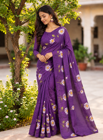 Mul Cotton Saree _ Royal Purple Floral Printed With Elegant Daily & Festive Wear
