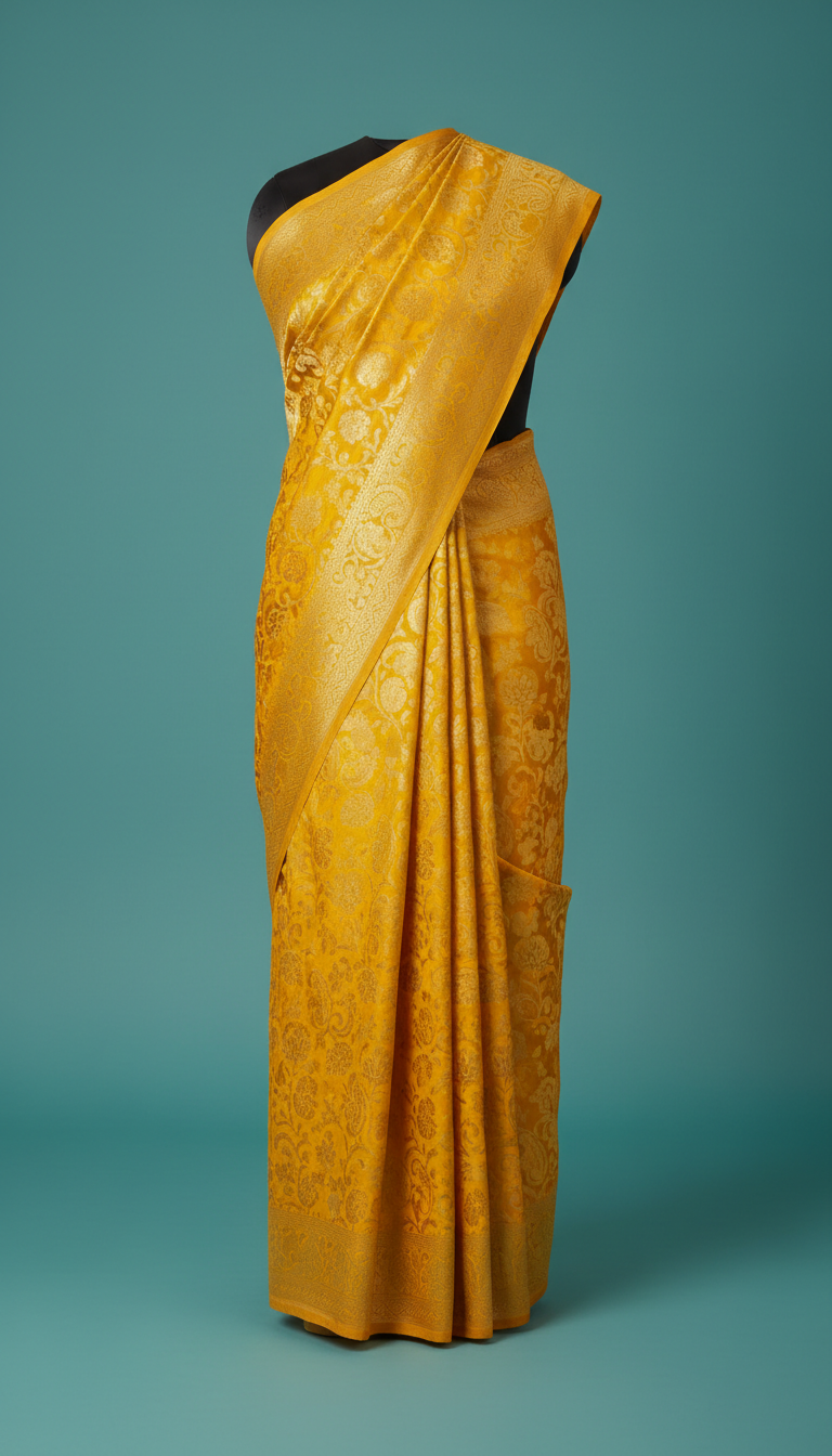 Marigold yellow brocade saree with floral motifs