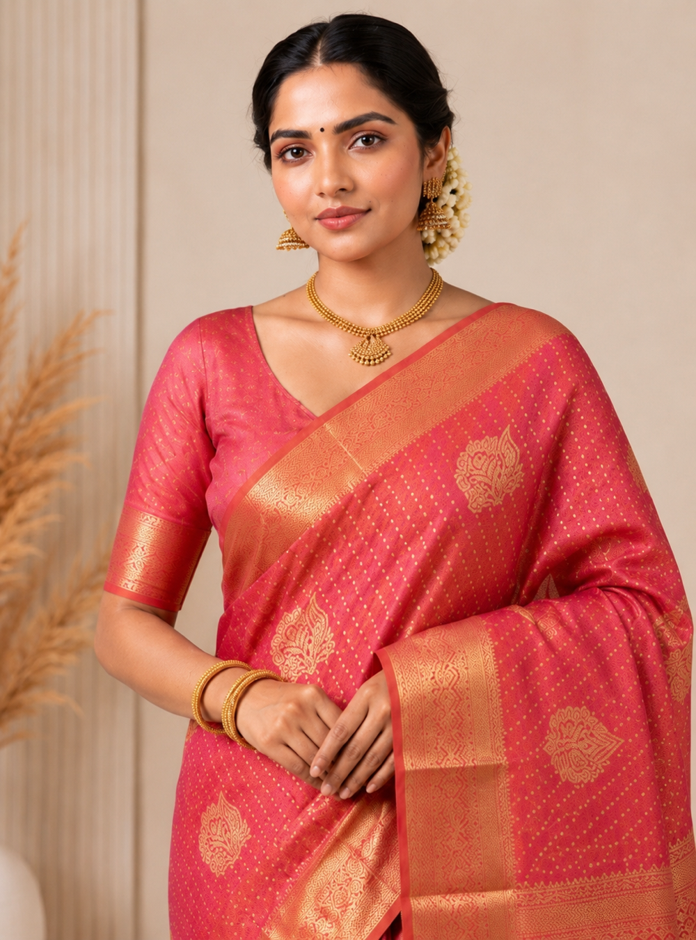 Coral Peach Heavy Soft Silk Saree with Rich Gold Zari Border & Pallu