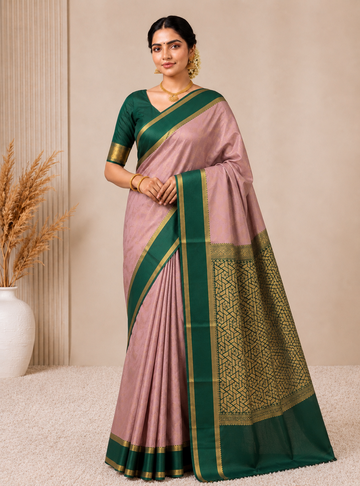 Elegant Dusty Pink Colour & Bottle Green Semi-Soft Silk Saree with Rich Bentex Border