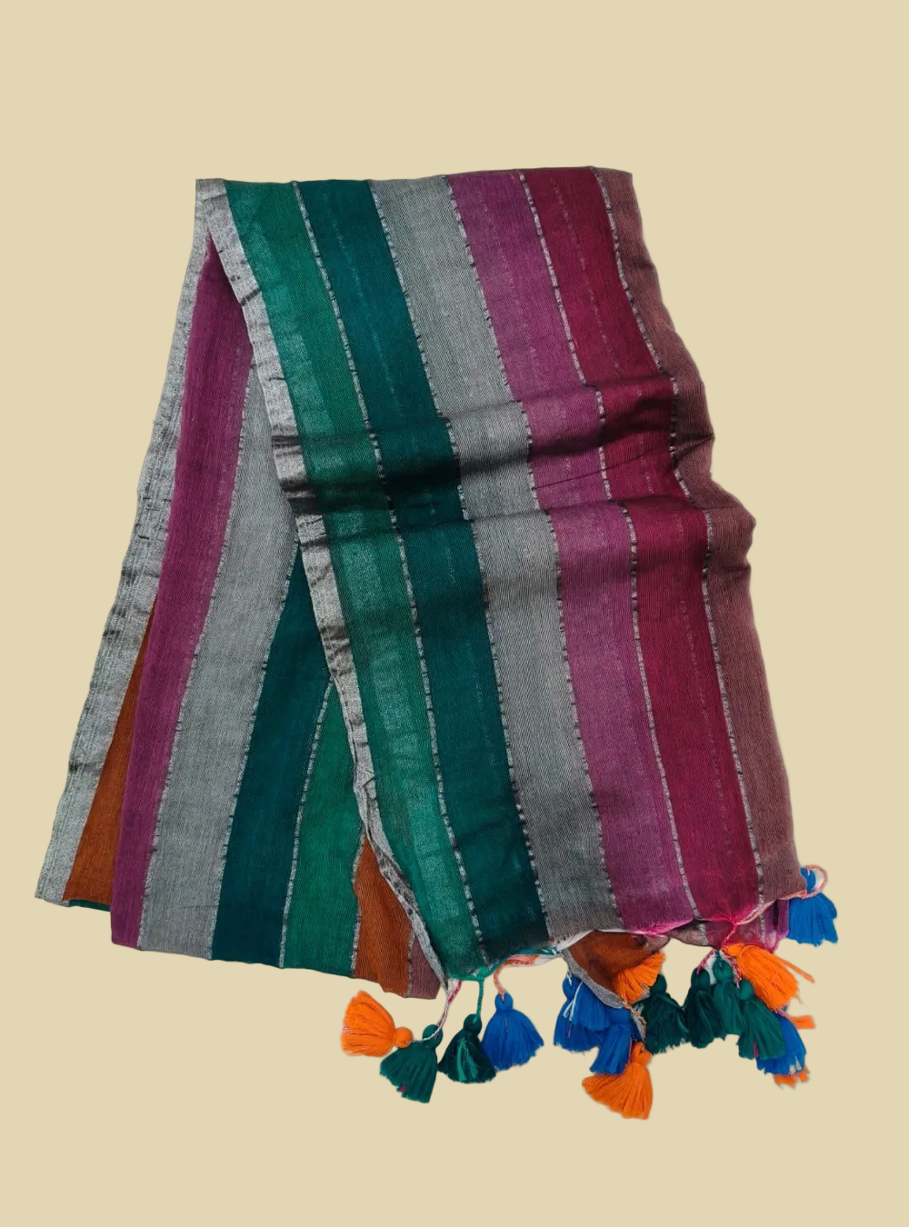 Premium 120 Count Mul Cotton Saree – Teal Green, Wine & Peach Multicolour Stripes