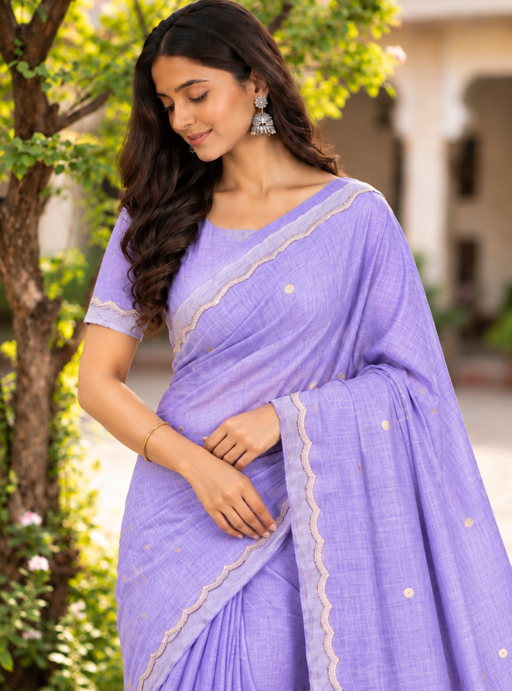 Mul Cotton Saree _ Lavender Purple Delicate Golden Border & Tassel Pallu