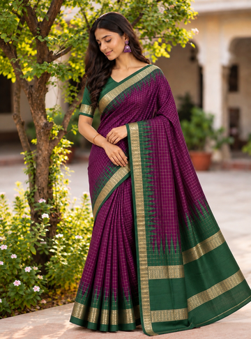 Deep Mejanta  - Green Colour Vintage Checked Viscose Chiffon Saree With Temple Border