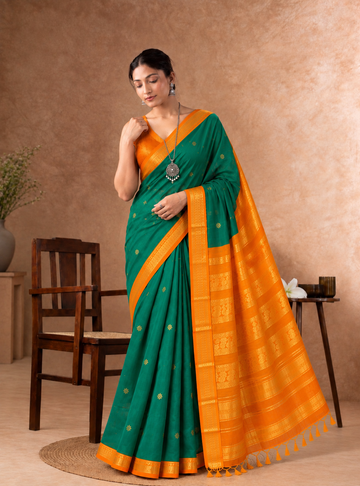 Kalyani Cotton Saree _Emerald Green with Rich Orange | Zari Pallu
