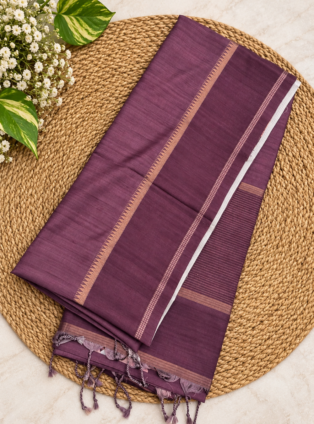 Matka Tussar Silk Saree _ Wine Purple Colour with Floral Print Blouse