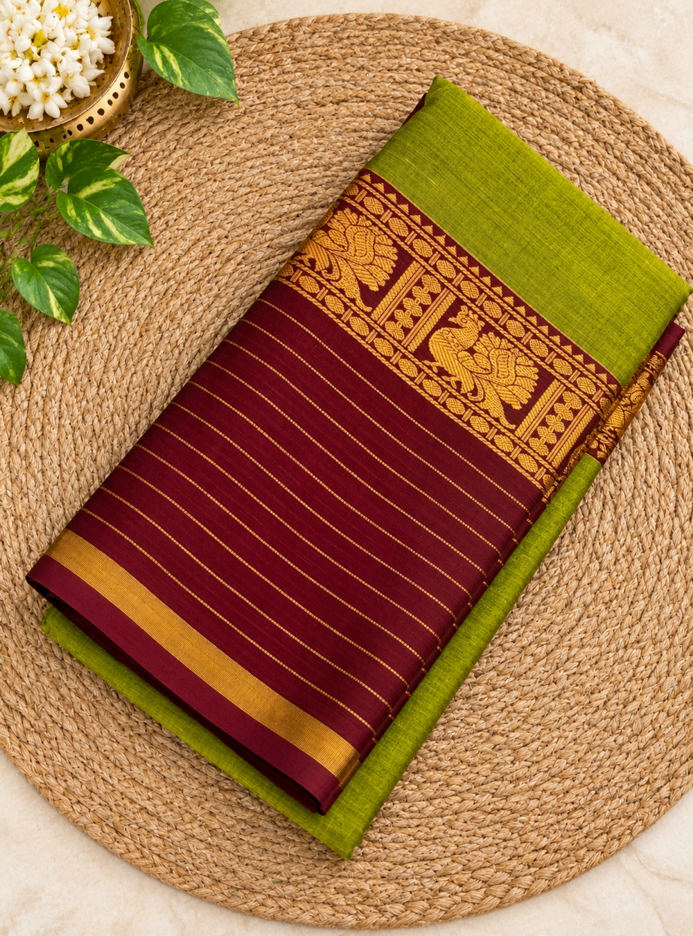 Narayanpeth Cotton Saree Traditional Border – Olive Green  & Maroon