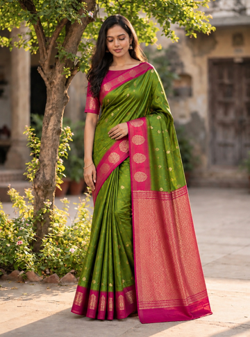 BagalPuri Saree Green & Pink _  Rich Contrast Traditional Border