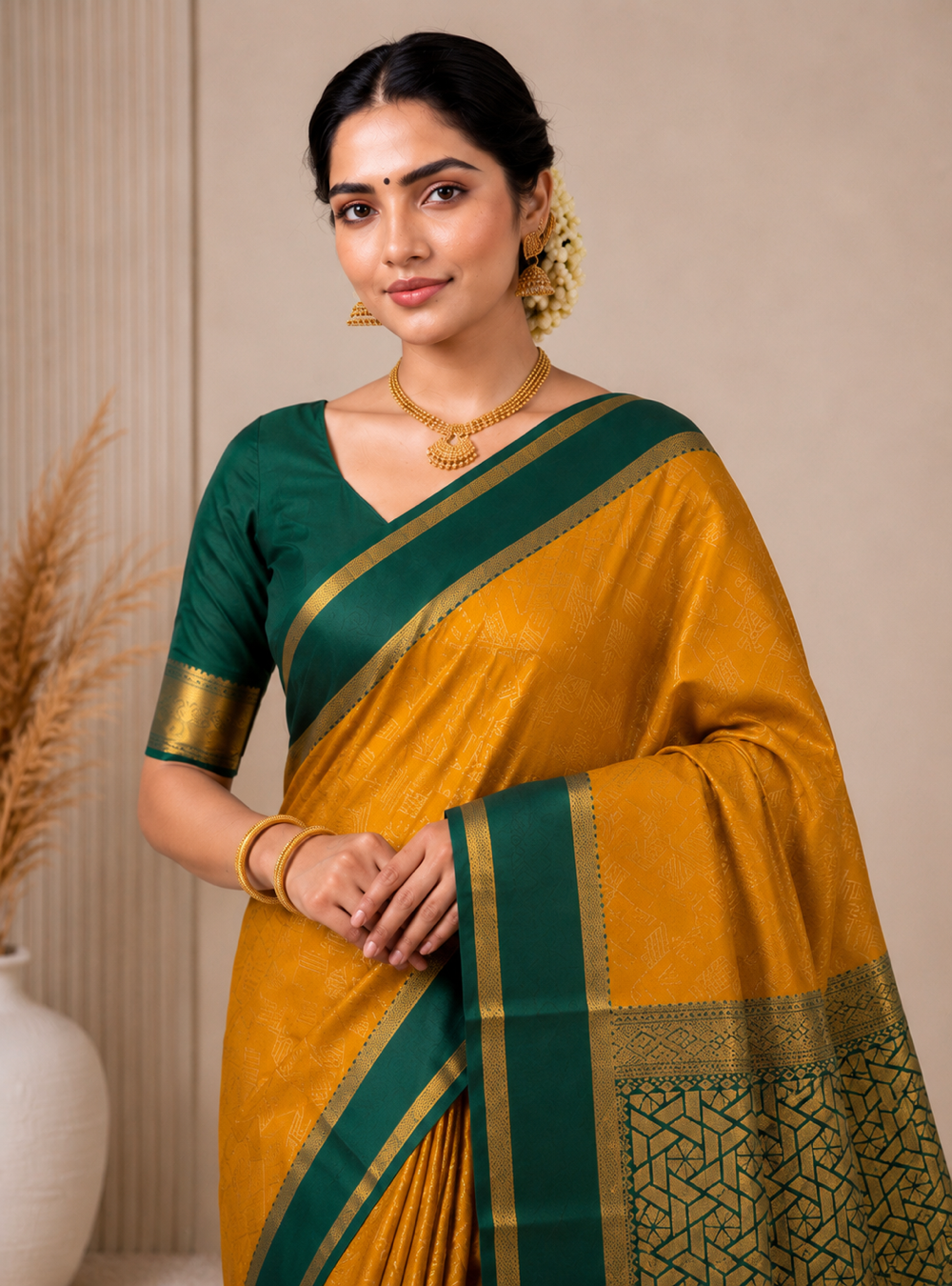 Sunny Mustard Yellow with Bottle Green Colour Semi Kanhivaram Silk