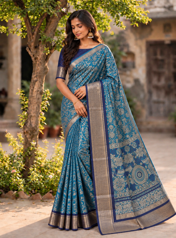 Printed Crepe Saree _ Teal Blue with Binny Silk Border