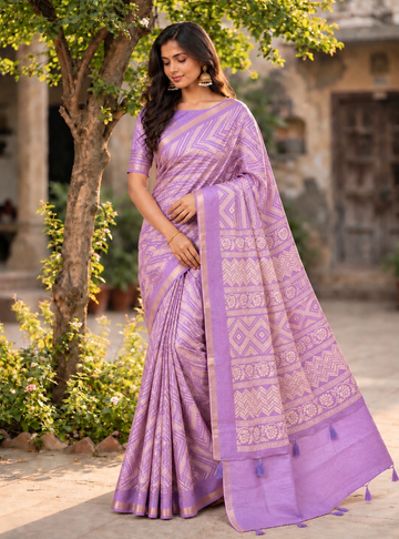 Printed Tusser Silk Saree with Lavender Purple | Designer Pallu
