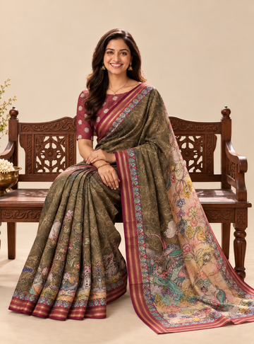 Chanderi Cotton Saree _ Olive Green Colour  & Full Thread Embroidery