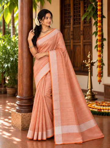 Soft Tissue Mul Cotton Saree _Peach Colour with Striped Border