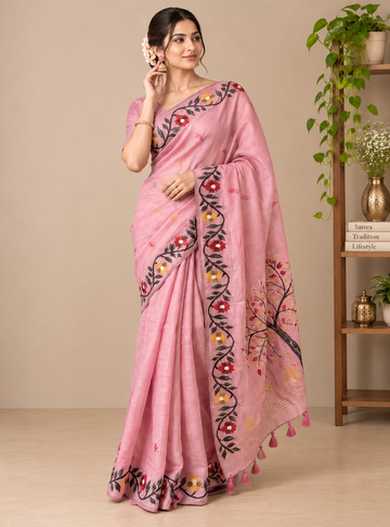 Linen Cotton Saree _ Elegant Blush Pink with Hand-Painted Floral Kalamkari Border