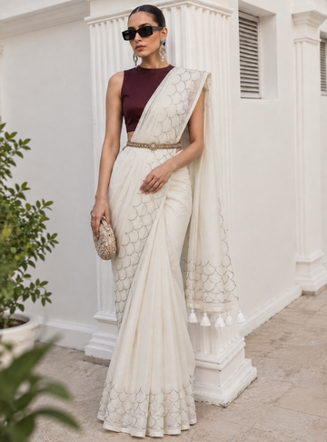 Premium 120 Count Mul Cotton Saree – White with Silver Scallop Border