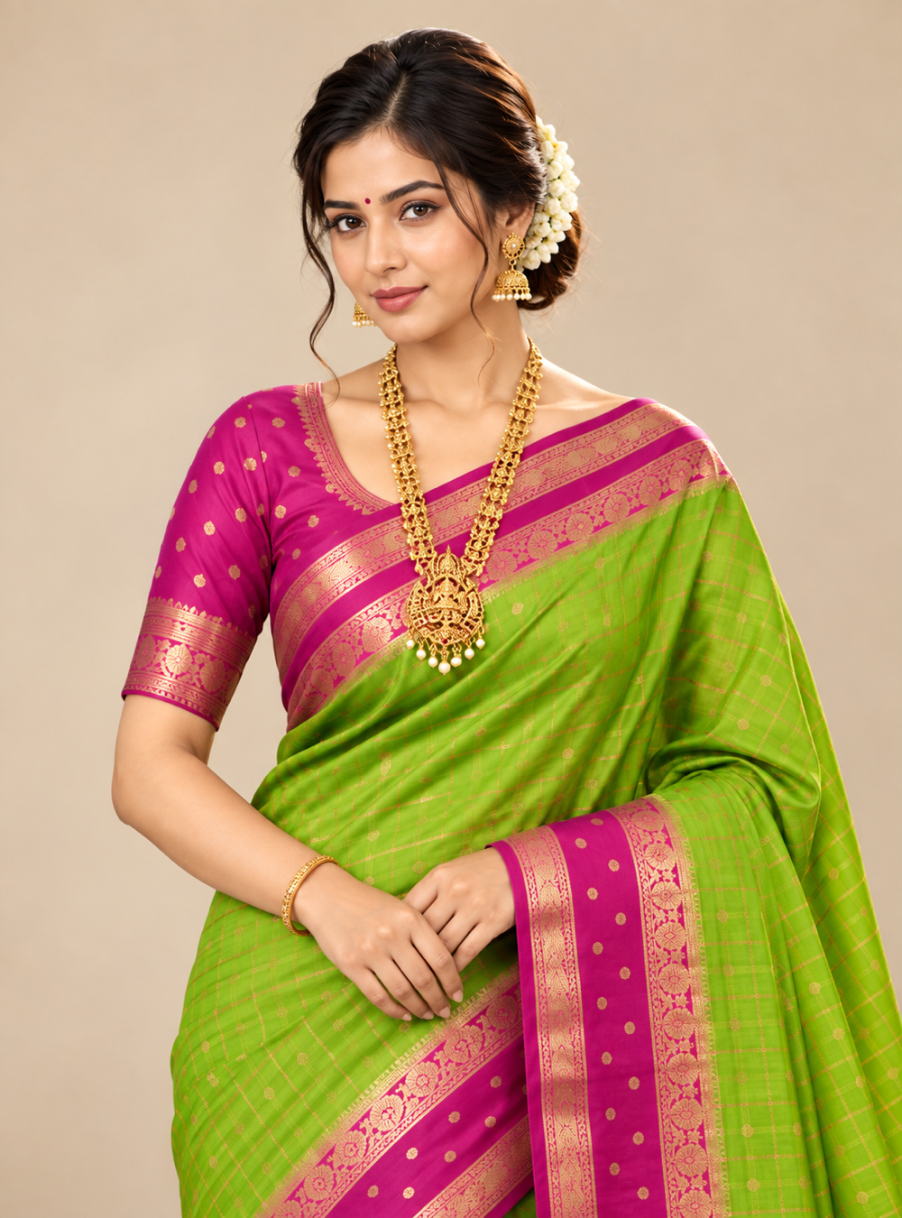 Semi Crepe Silk Saree _ Parrot Green & Rani  Pink With Bentex Border