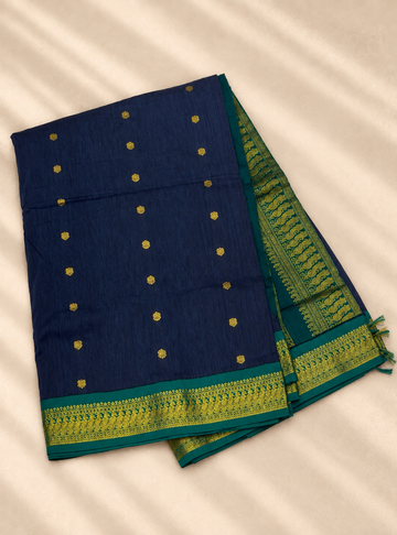 Kalyani Cotton Saree _ Peacock Blue With Teal Blue with Gold Zari