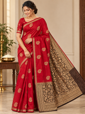 Semi Soft Silk Saree  _ Vibrant Red Gold Zari Mango Butta Saree with Rich Floral Pallu