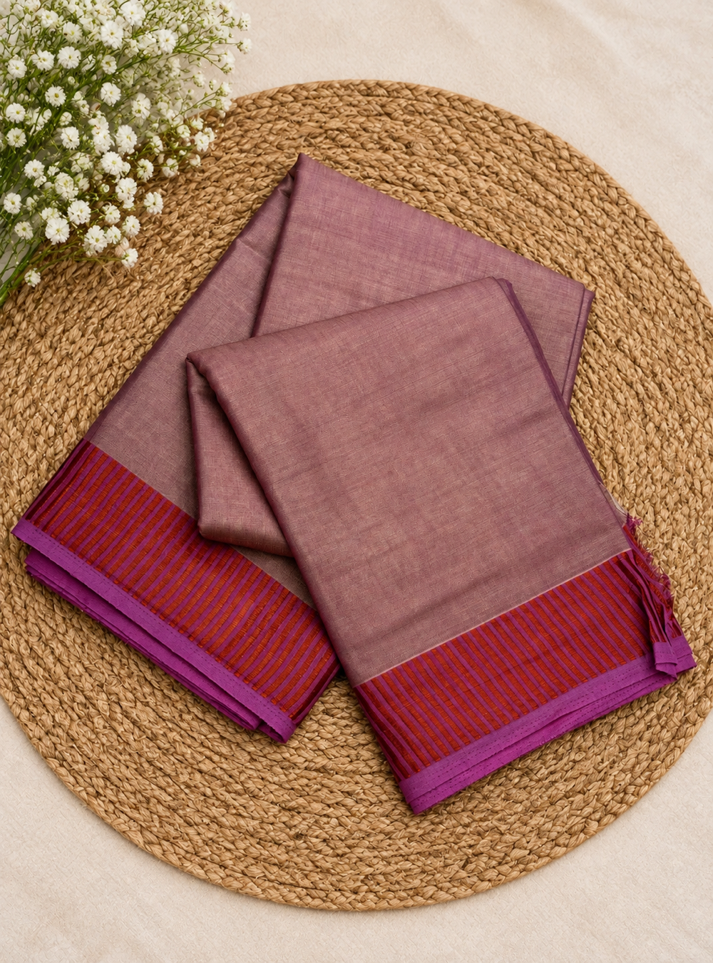 Soft Tissue Mul Cotton Saree _ Blush Pink Colour with Striped Border