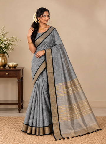 Tissue Khadi Cotton Saree _ Grey with Black & Golden Border