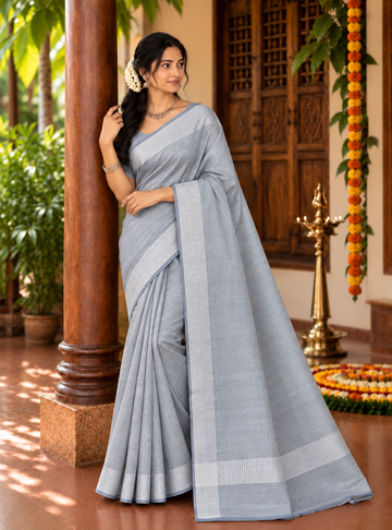 Soft Tissue Mul Cotton Saree _ Powder Blue Color with Striped Border