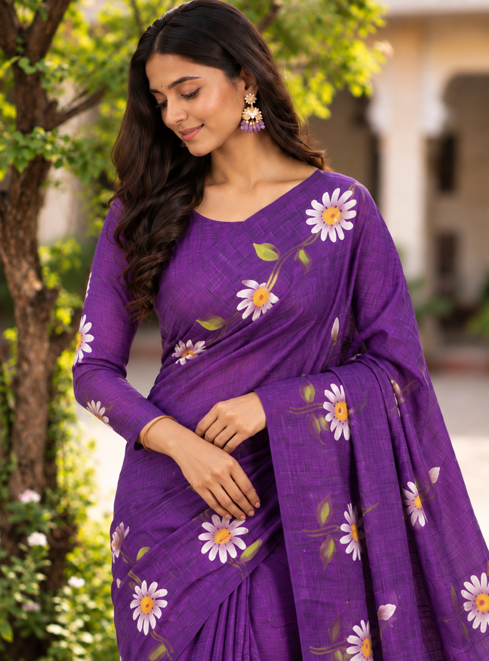 Mul Cotton Saree _ Royal Purple Floral Printed With Elegant Daily & Festive Wear