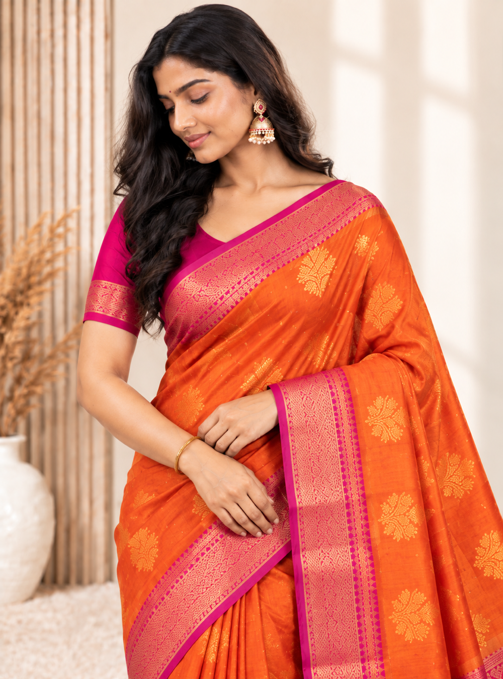 Banarasi Silk Saree _Orange & Rani Pink With Peacock Motif
