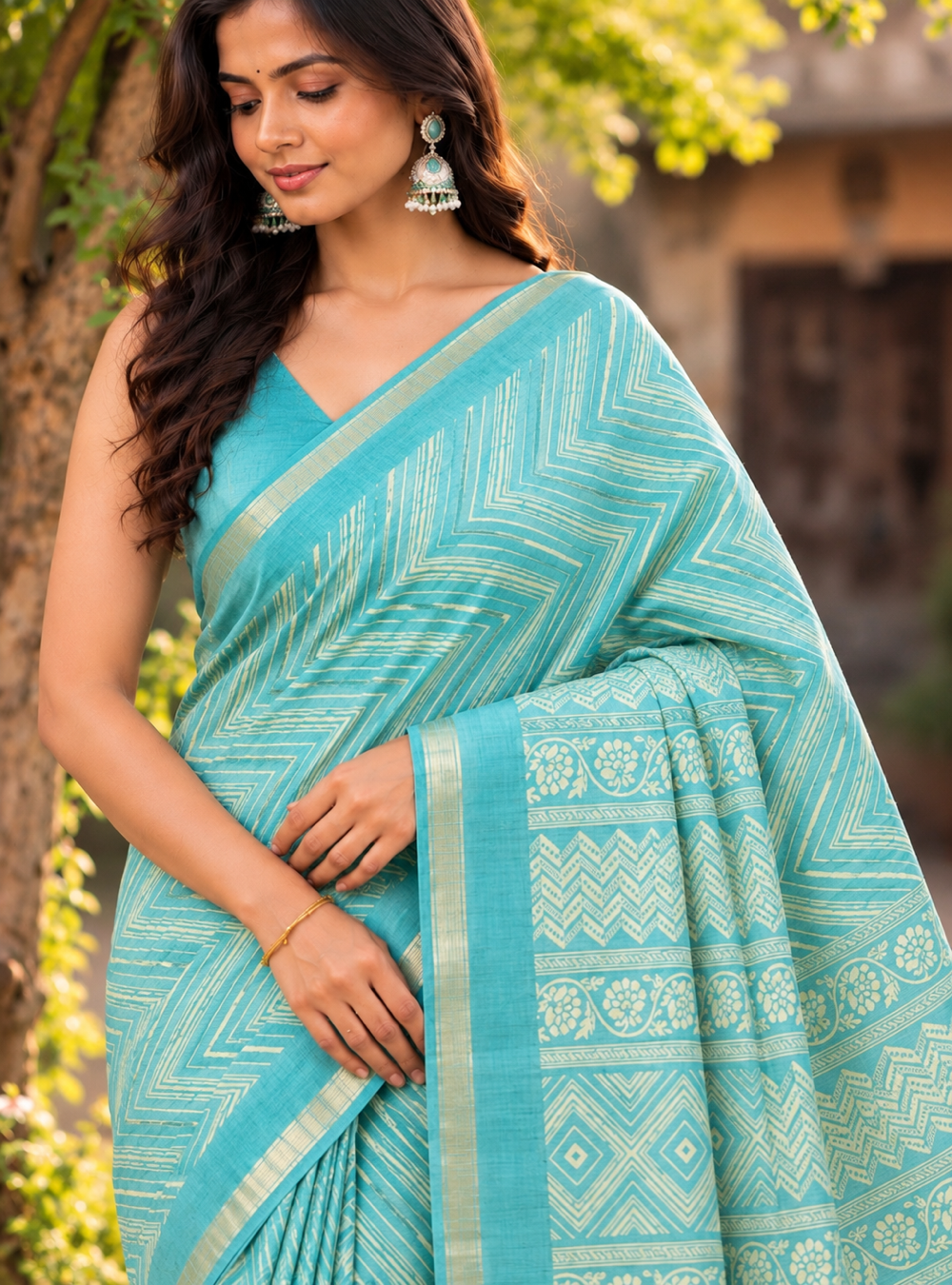 Printed Tusser Silk Saree With Turquoise Blue | Designer Pallu