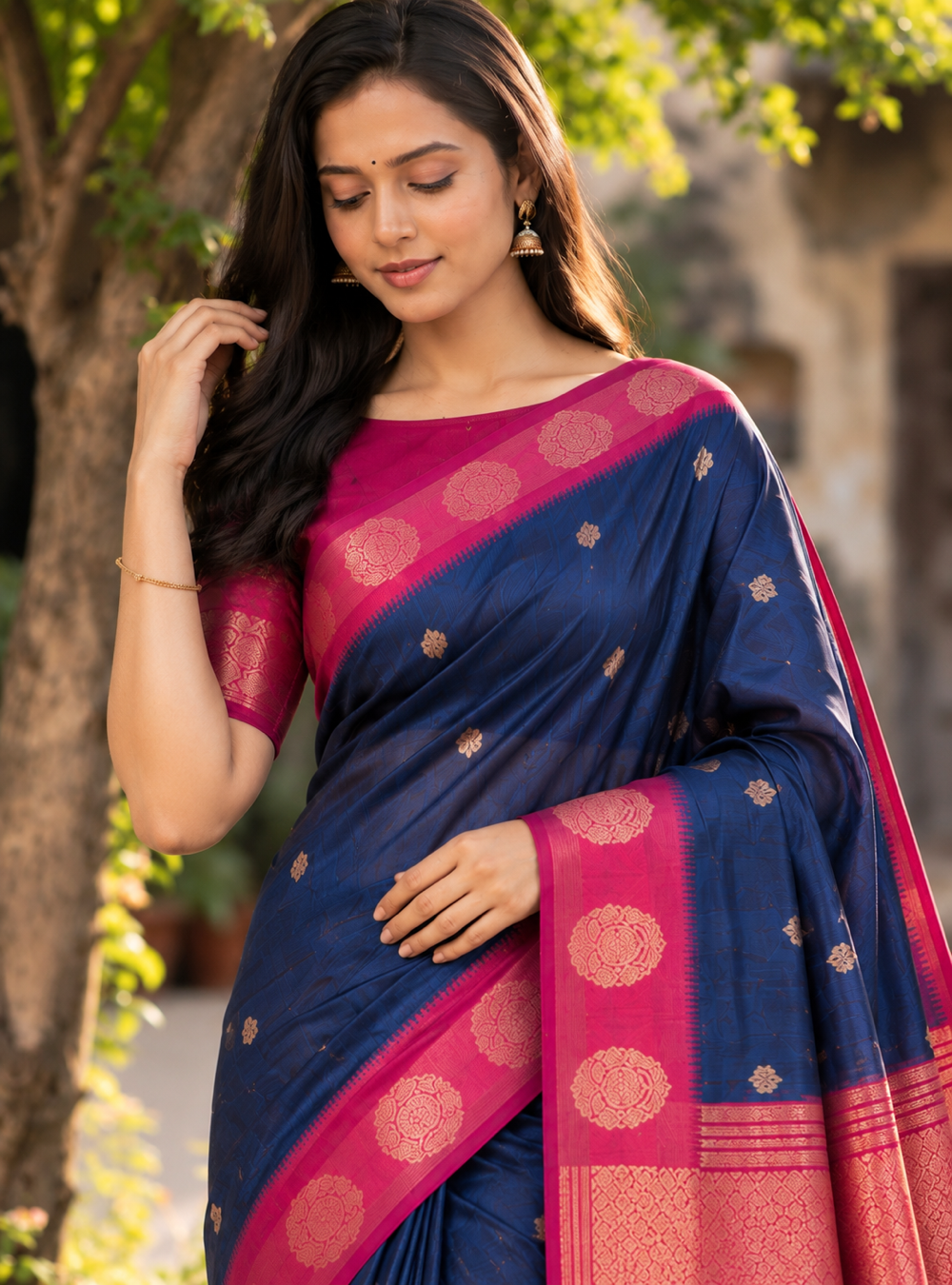 Royal Blue & Pink BagalPuri Saree with Rich Traditional Contrast Border