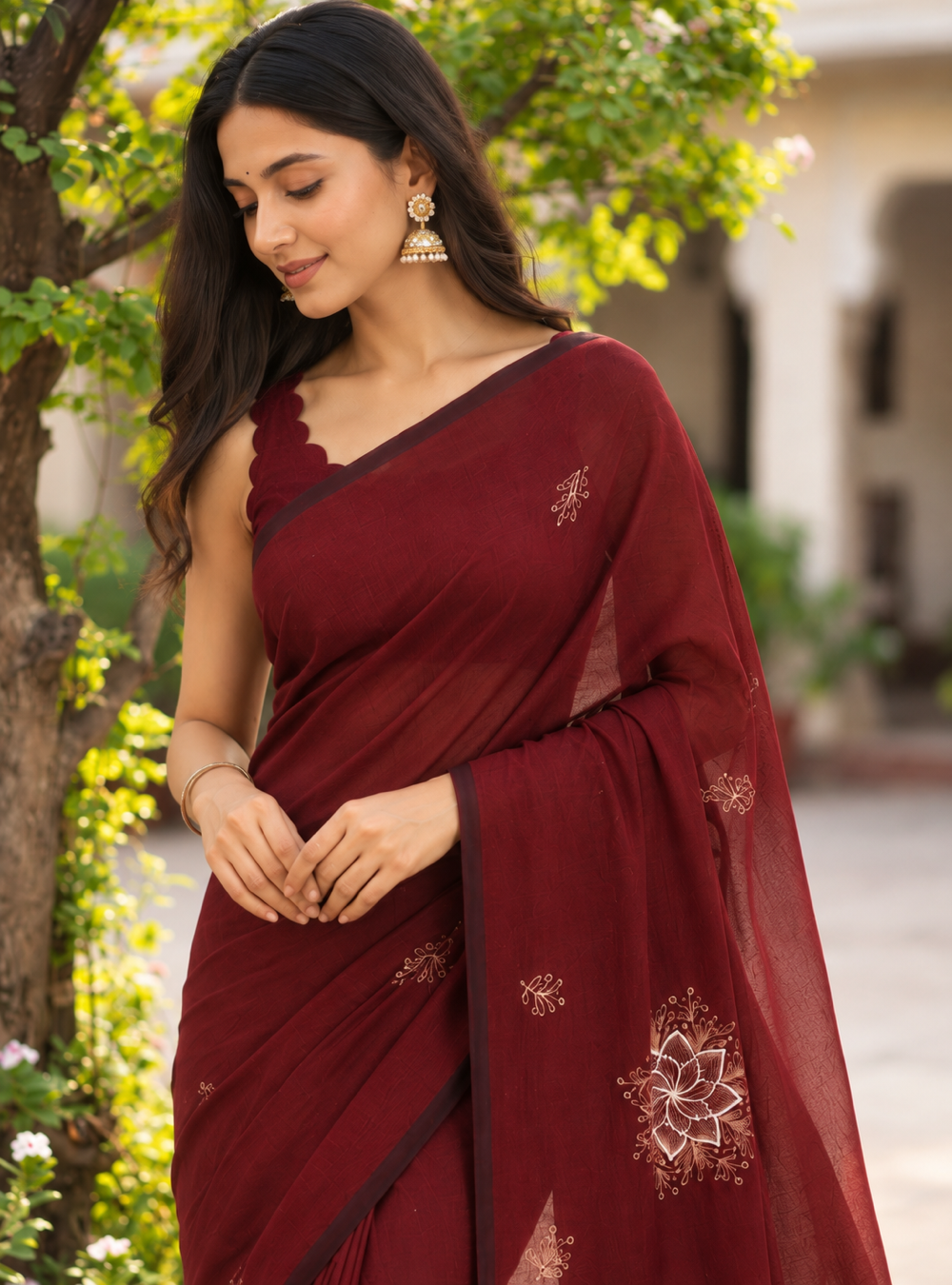 Silk Cotton Saree _ Wine Maroon Floral Embroidered with Running Blouse