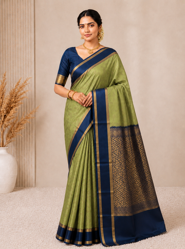 Semi Kanchipuram Soft Silk Saree – Olive Green & Navy Blue Elegance
