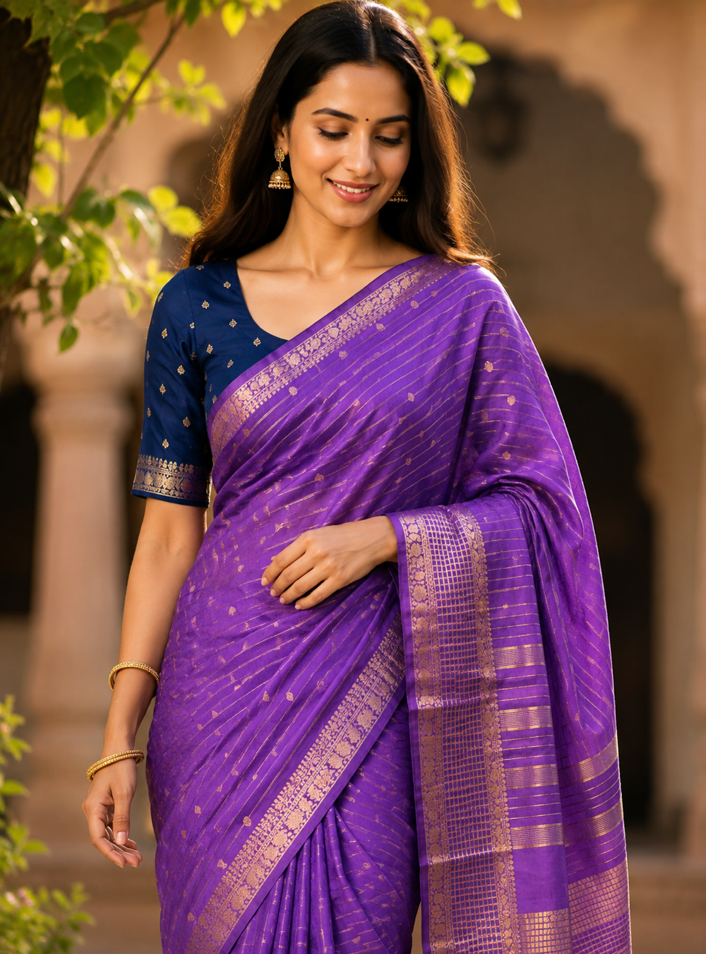 Semi Crepe Silk Saree _ Elegant Purple With All-Over Golden Zari Weaving