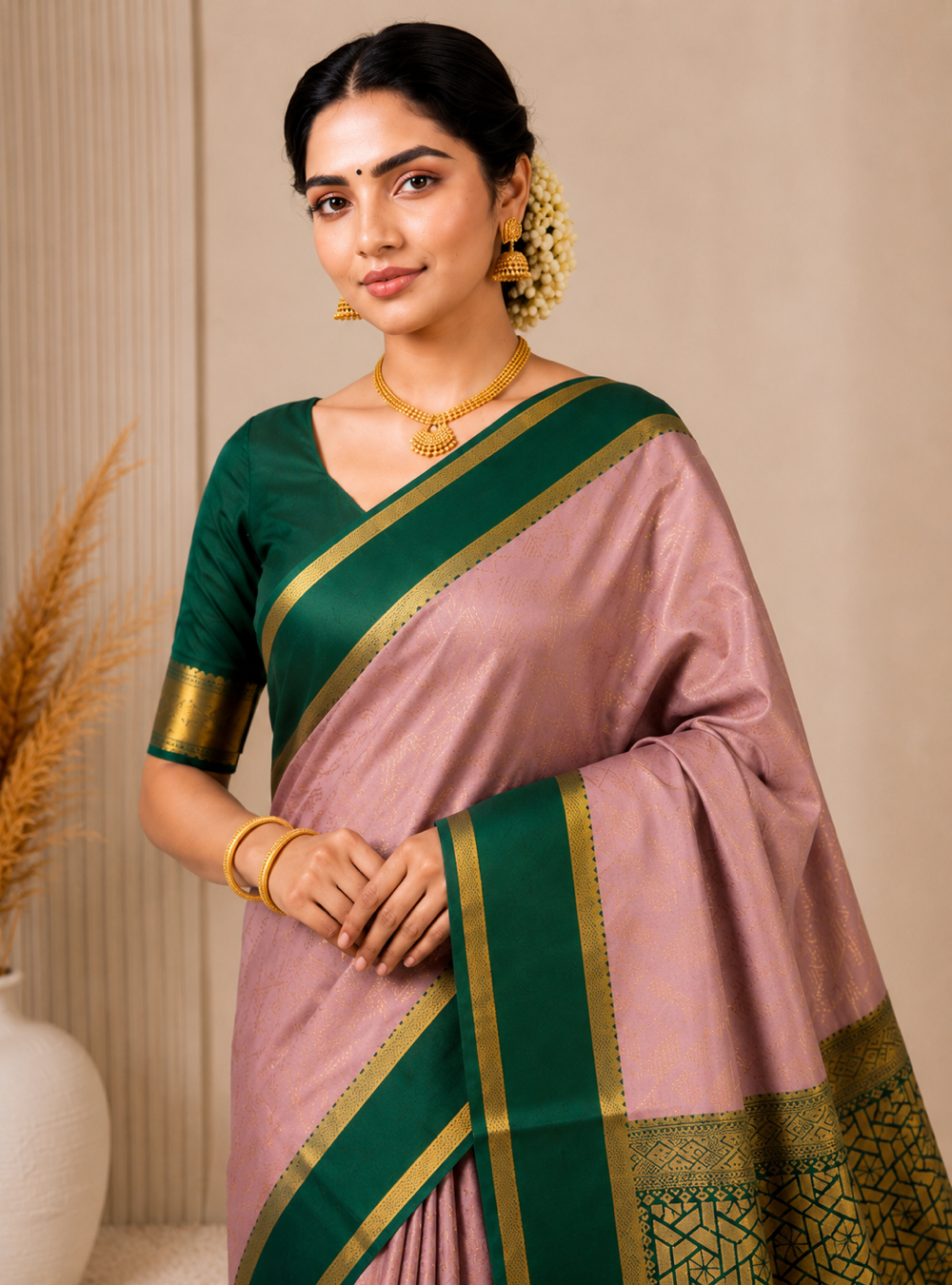 Elegant Dusty Pink Colour & Bottle Green Semi-Soft Silk Saree with Rich Bentex Border