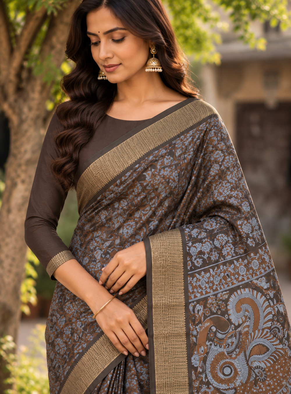 Printed Crepe Saree _ Chocolate Brown Colour with Binny Silk Border