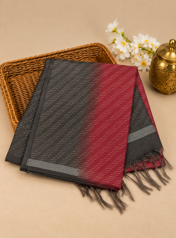 Bhagalpuri Silk Saree _ Charcoal Grey With  Red & Self Woven