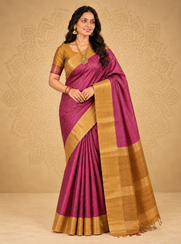 Tusser Silk Saree _ Pastel Pink  With All-Over Body  Golden Zari & Contras Border
