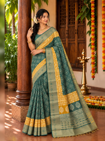 Tussar Silk Saree – Bottle Green with Mustard Yellow Printed Border