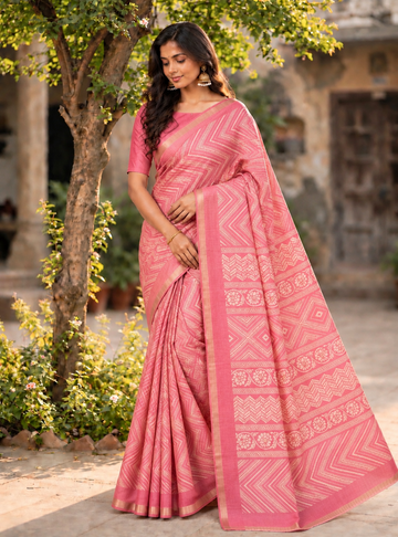 Printed Tusser Silk Saree with Rose Pink | Designer Pallu