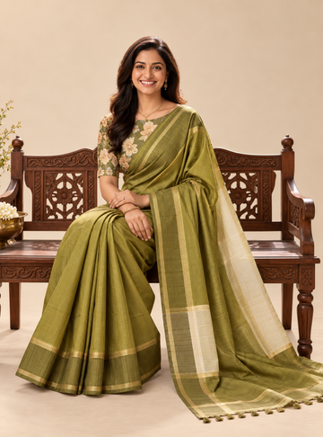 Matka Tussar Silk Saree _ Olive Green with Floral Print Blouse & Double-Side Zari Woven Border