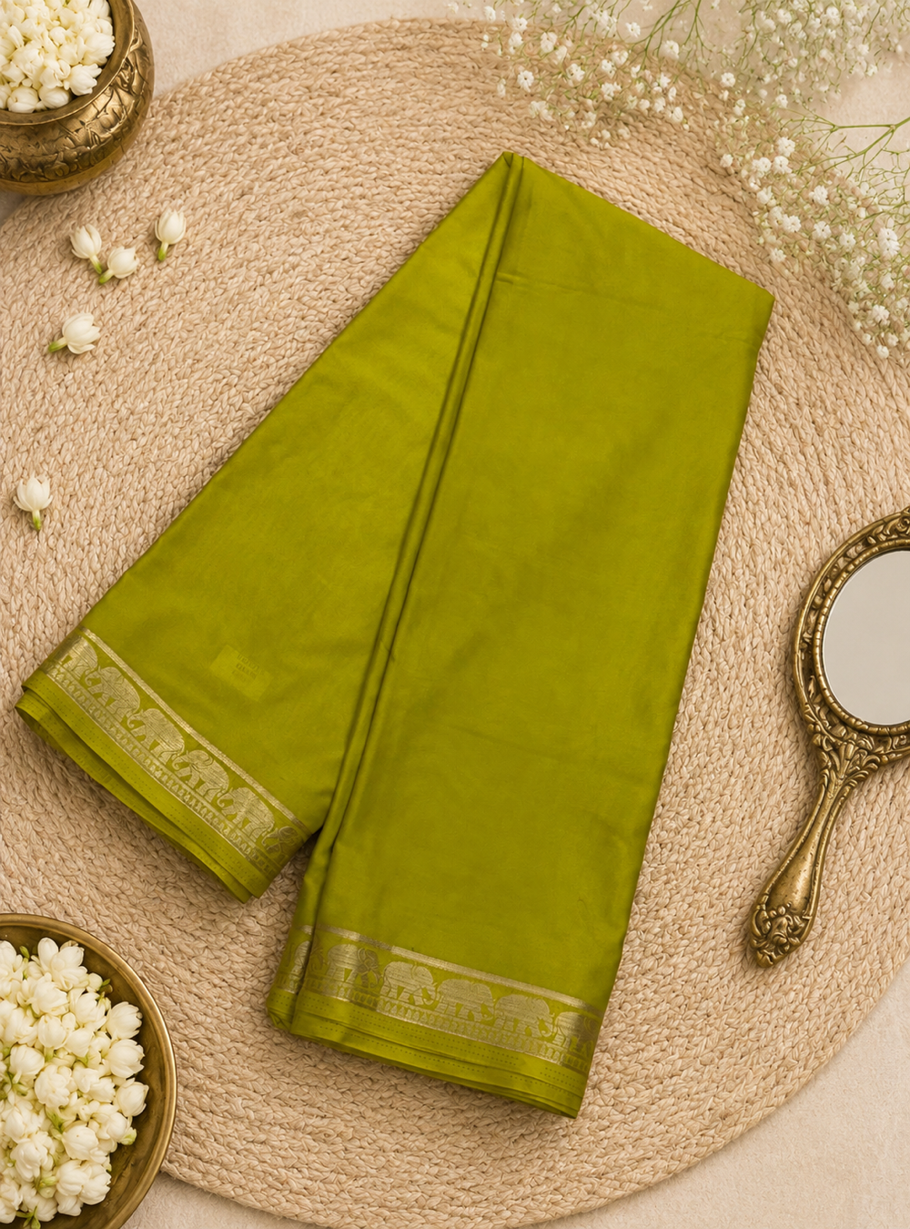 Mysore Semi Crepe Silk Saree _ Deep Mehandi Colour with Golden Border
