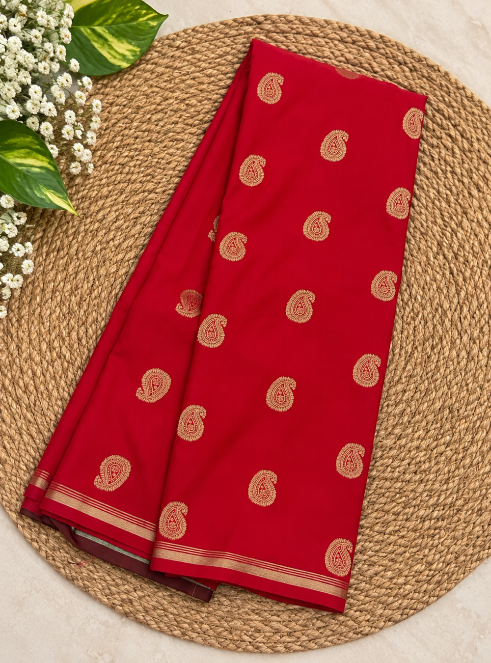 Semi Soft Silk Saree  _ Vibrant Red Gold Zari Mango Butta Saree with Rich Floral Pallu